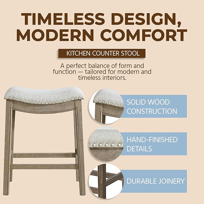 ROME + OAK Set of 3 Parker 26" Counter Stool, Backless Saddle Kitchen Barstool in Reclaimed Oak Finish with Ash Grey Fabric Upholstery Cushion Seat