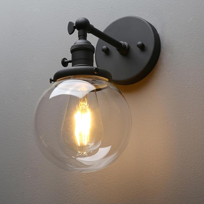 PERMO Vintage Industrial Wall Sconce Lighting Fixture with 5.9" Round Clear Glass Globe Hand Blown Shade (Black)