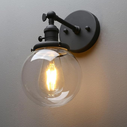 PERMO Vintage Industrial Wall Sconce Lighting Fixture with 5.9" Round Clear Glass Globe Hand Blown Shade (Black)