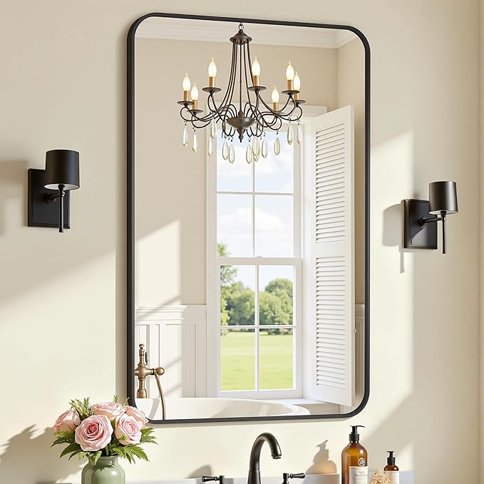 2-Pack Bathroom Mirrors for Over Sink 24" x 36", Black Metal Frame Rounded Corner Rectangle Wall Mirror, Modern Farmhouse Vanity Mirror(Horizontal/Vertical)