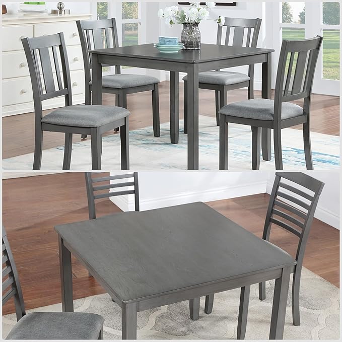 Dining Table for 4, Wooden Square Kitchen Table with Natural Woodgrain Finish, 34.5" MDF Modern Dining Table with Solid Wood Tapered Legs and Rounded Corners, Easy Assembly, Gray