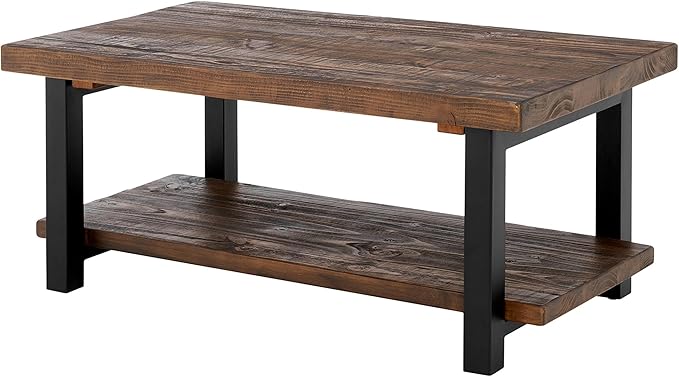 Alaterre Furniture Pomona Living Room Collection – 42 Inch Rectangular Solid Wood Coffee Table with Storage Shelf & Metal Legs – Rustic Industrial Farmhouse Living Room Table (Rustic Brown)