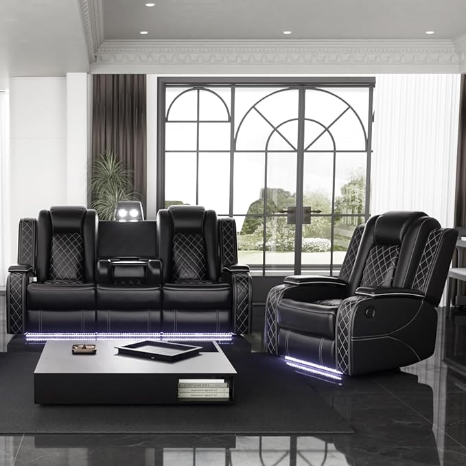 Power Leather Recliner Sofa Set with LED Light,Reclining Sofa and Chair Set with USB,Leather Couch Set for 3 Seater Couch with Coffee Table/Single Recliner 2 PCS for Living Room(Black,3+1)