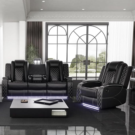 Power Leather Recliner Sofa Set with LED Light,Reclining Sofa and Chair Set with USB,Leather Couch Set for 3 Seater Couch with Coffee Table/Single Recliner 2 PCS for Living Room(Black,3+1)