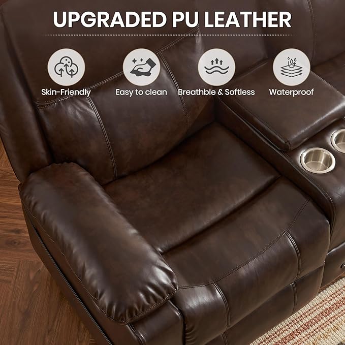 Recliner Sofa, Reclining Loveseat Sofa with Massage & Heat, Reclining Couch with Side Pockets, Extra Storage, Cup Holders for Living Room