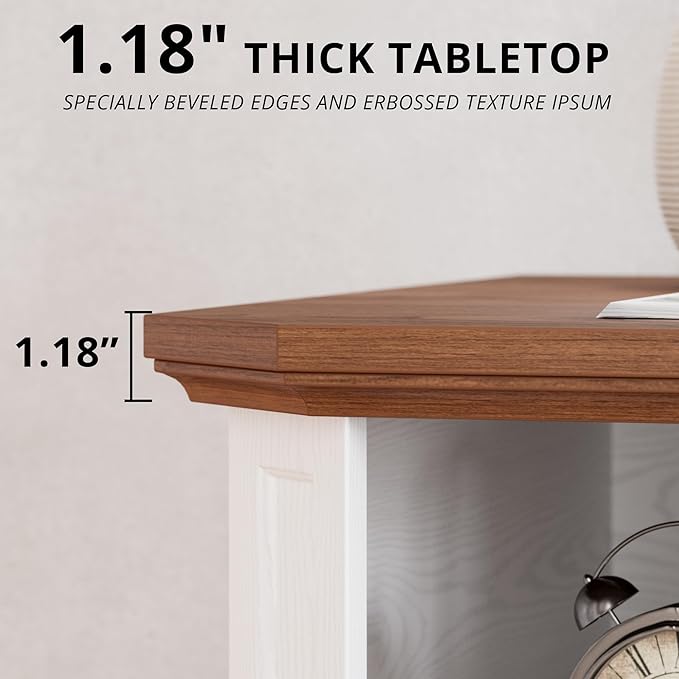 IRONCK Night Stand 23.4" Farmhouse End Table with Charging Station, Large Sofa Side Table with 2 Drawers, for Bedroom, White