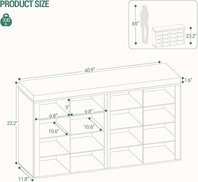 Shoe Bench with Cushion, Entryway Storage Bench with 16 Cubbies, Cubby Shoe Rack with Adjustable Shelves, Shoe Organizer Cabinet for Living Room, Bedroom, Entryway, White SB25603GY
