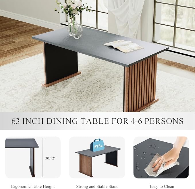 COLAMY 63 Inch Rectangular Kitchen Dining Table for 4, Modern Rectangular Farmhouse Dining Table and Comfy Dining Chairs for Kitchen, Dining Room, Living Room, Restaurant, Grey/Brown