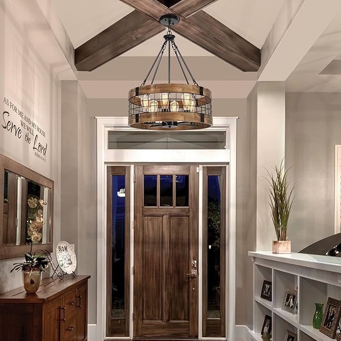 6-Light Farmhouse Wood Chandelier for Dining Room, Rustic Foyer Light Fixtures, Industrial Drum Hanging Lights for Kitchen Island Entryway, Nature Wood Texture and Black Metal Finish