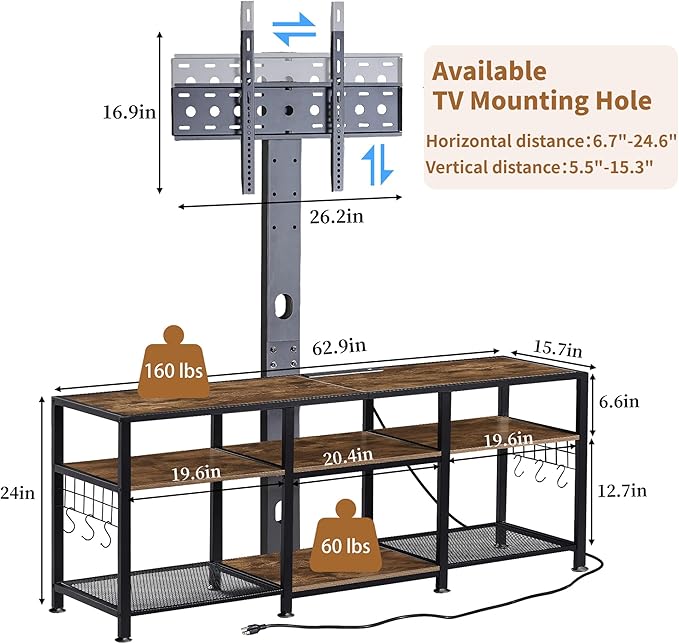 VECELO TV Stand with Mount and Power Outlet, Height Adjustable Entertainment Center with Storage Shelves for 32/55/65/70/75 inches Televisions, Console Table for Living Room, Bedroom, Rustic Brown