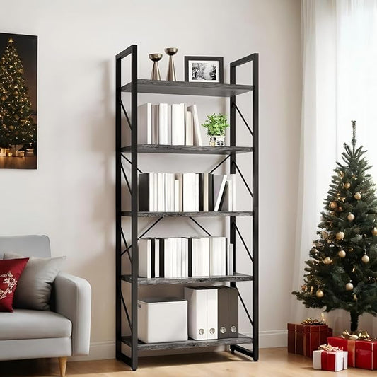 YITAHOME 5 Tiers Bookshelf, Industrial Artsy Grey Bookcase Bookshelves, Book Rack, Storage Rack Shelves Books Holder Organizer for Books Movies in Living Room Home Office, Black & Gray