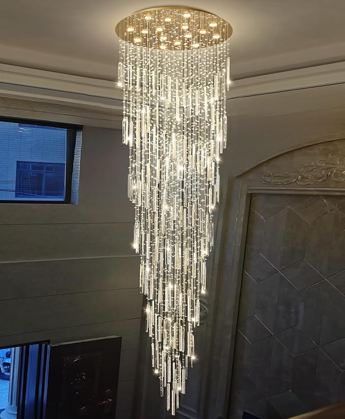D40'' x H120'' Crystal Chandelier High Ceiling Chandeliers for Entryway Large Raindrop Chandeliers LED Dimmable Flush Mount Light Fixtures for Staircaes Foyer Hallway Living Room Bulbs Included Gold