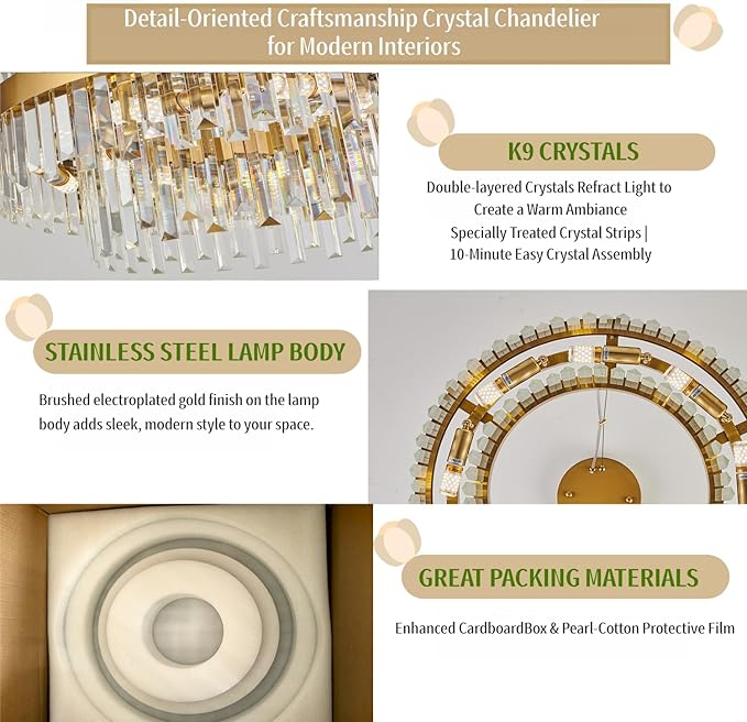 Modern Luxury Brushed Brass Gold Crystal Chandelier, 6-Light 2-Tier Raindrop Round Pendant Ceiling Light for Dining Room,Kitchen Island,Foyer,Bedroom,Entryway - 19.7" D,E12 Base