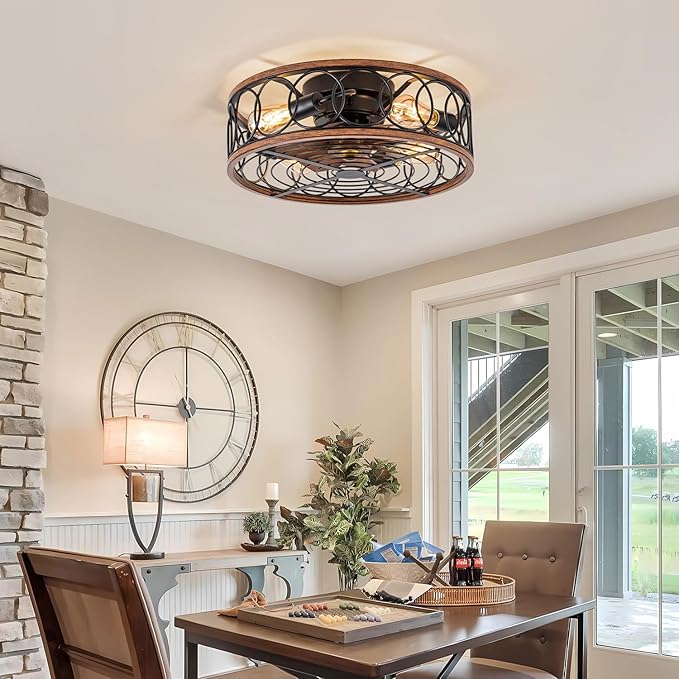 NORFOLK Farmhouse Ceiling Fans with Lights and Remote, 20'' Low Profile Caged Lighting with Bladeless Fan, Rustic Flush Mount with E26 Bulb Base for Bedroom, Living Room, Patios