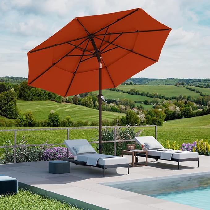 PatioKingdom 9ft 3-Tier Patio Market Umbrella with Crank/Tilt, Commercial Heavy Duty Wind Proof,Outdoor Table Umbrella with 8 Fiberglass Ribs,UPF50+ for Deck,Pool,Garden,Backyard (Orange)