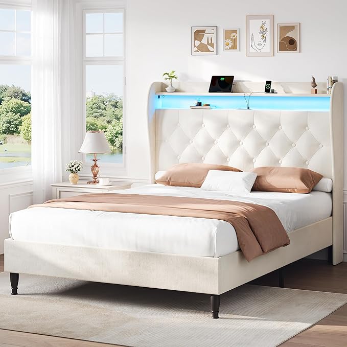 Queen Bed Frame with Tall Headboard, Velvet Upholstered Platform Bed with LED Lights & Charging Station, 52.7"-55" Adjustable/Modern Tufted Wingback Storage Headboard, No Box Spring Needed, Cream