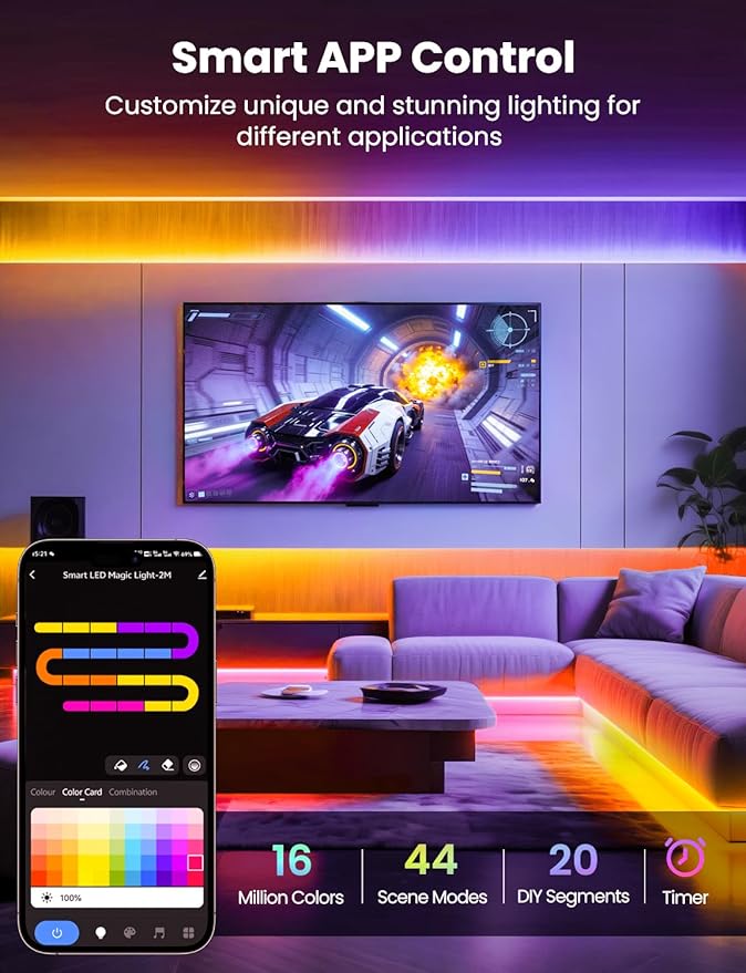 RGB+IC LED Strip Light, 6.6ft Smart LED Light for Bedroom, Bluetooth APP Control, Color Changing LED Strip Lighting, 44 Scene Modes, Music Sync, TV Backlight Behind Strip, Home Decor, Gaming Room