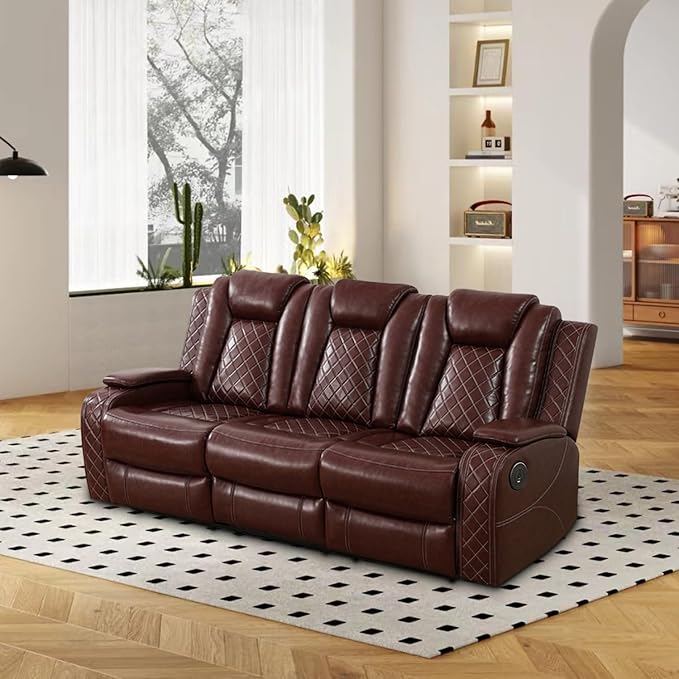 Power Recliner Sofa Set, Air Leather Reclining Couch with LED/Cup Holders/Storage, 2 Pieces Reclining Living Room Furniture, Burgundy Leather Sofa and Loveseat for House/Apartment/Office