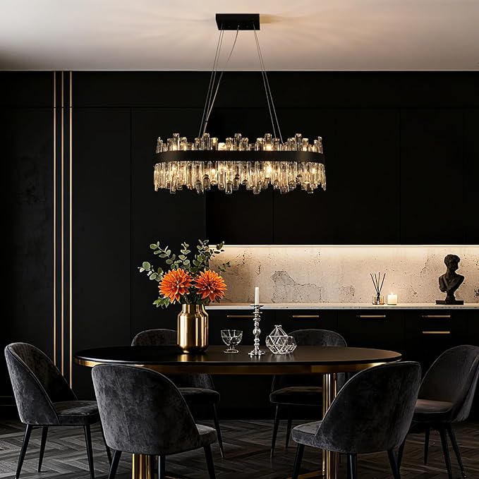 Black Crystal Chandeliers for Dining Room Lights Fixtures Over Table, 16 Lights Modern Rectangle 2-Tier Chandeliers for Kitchen Island Bar L32 Inch