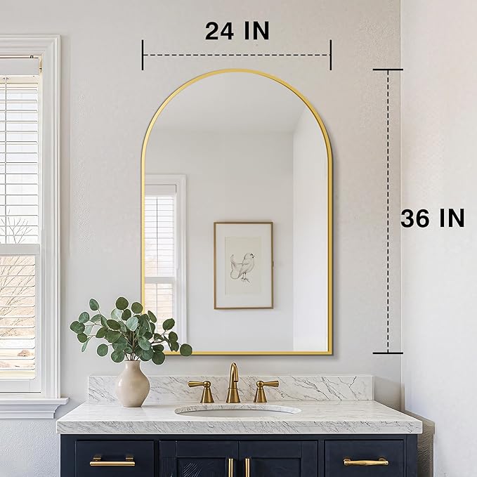 FICTOR Bathroom Vanity Mirror for Wall,2 Pack 24”x36” Arched Metal Framed Bathroom Mirror for Over Sink, Entryway, Living Room,Bedroom(Gold)