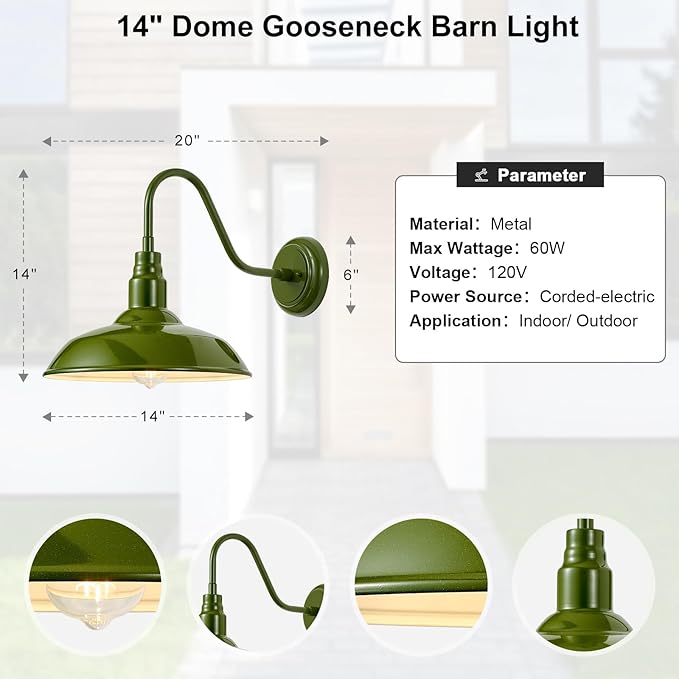 14 Inch Dome Outdoor Gooseneck Barn Lights Olive Green Farmhouse Exterior Wall Lights for Porch, 2Pack Patio Barn Style Wall Mount Gooseneck Lighting for House, Garage