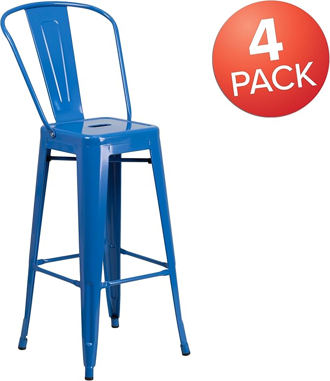 Flash Furniture Lily Commercial Grade 4 Pack 30" High Blue Metal Indoor-Outdoor Barstool with Removable Back