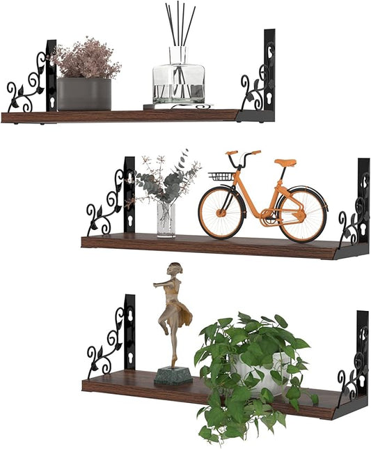 Lavezee Vintage Floating Shelves Set with Metal Vine Leaf Plants Shape for Wall Decor, Black and Rustic Wooden Decorative Wall Shelf for Living Room, Bedroom, Bathroom, 3 Packs