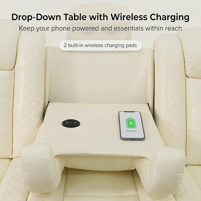 Power Recliner Sectional Sofa, Off-White Breathing Leather L-Shaped Corner Couch with LED Lights, USB/Type-C, Wireless Charging, Cup Holders & Storage Console for Living Room Theater