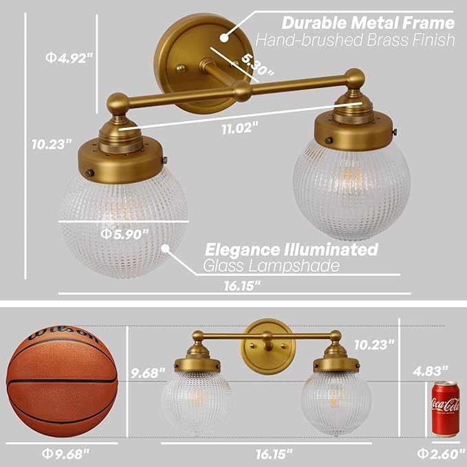 Vintage Double Arm Brass Wall Sconce Lighting, Clear Ribbed Glass 2-Lights Bathroom Vanity Light Fixture for Dining Room Bedroom Living Room Corridor