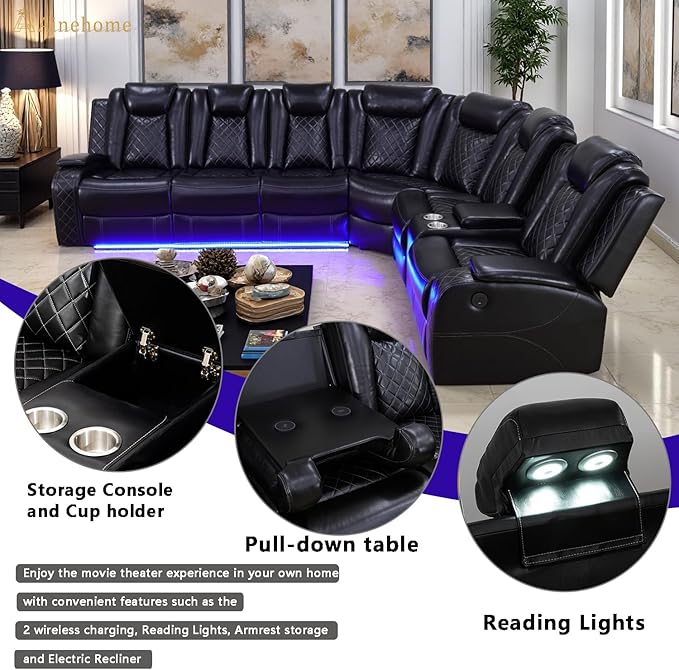 A Ainehome Power Recliner Sectional Sofa, Living Room Furniture Sets, Leather Power Reclining Sofa Set, Sectional Reclining Couch with LED/Storage Console for Living Room/Office(A-Black)