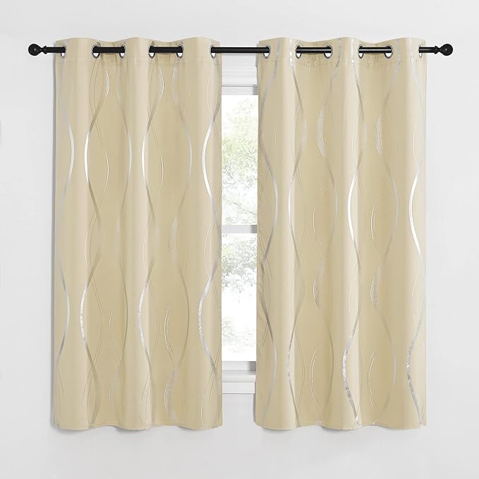 NICETOWN Bedroom Curtains Small Blackout Panels, Biscotti Beige, Set of 2, 34 by 45 Inch, Window Treatment Thermal Insulated Blackout Wave Line Foil Print Design Curtains for Kitchen, Cafe, Loft