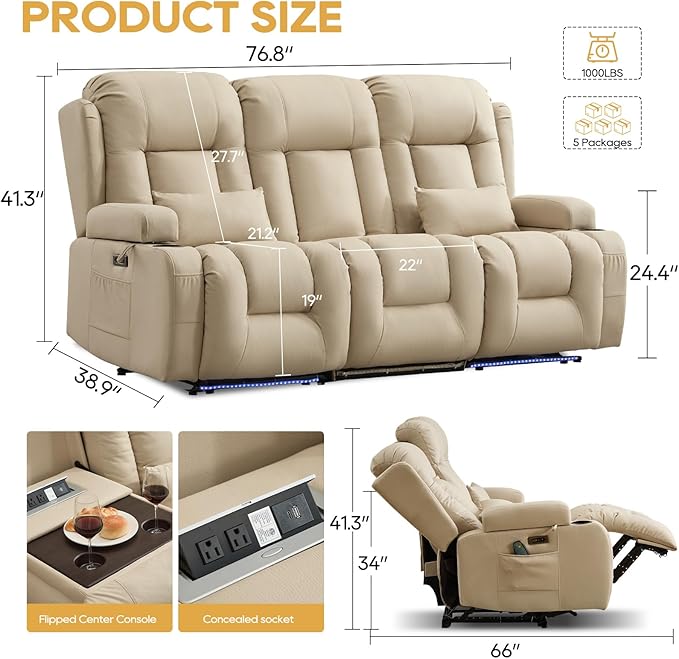 IPKIG Power Loveseat Recliner Sofa with Flip-Up Backrest Console, USB & USB-C Ports, AC Outlet, LED Lights, Wall Hugger Recliners for Living Room, RV, Home Theater (Beige, 76.8" - 3 Seat) | Leathaire Fabric, Zero Gravity, Dual Reclining, 2 Lumabr Pillow