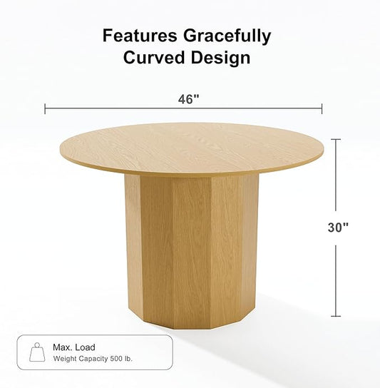 Casaphoria 46" Round Dining Table, Modern Wood Kitchen Table with Cylinder Polygonal Base for Living Room & Dining Room, Easy Assembly Farmhouse Furniture for 4-6, Oak