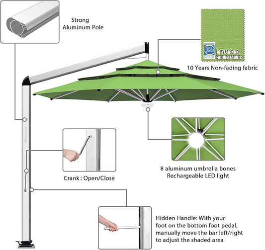 EliteShade USA Atlas 3-Tier 11FT Full Aluminum Cantilever Patio Umbrella for Outdoor Restaurant Garden Courtyard Deck Pool and Marketing with Light (No battery), Macaw Green