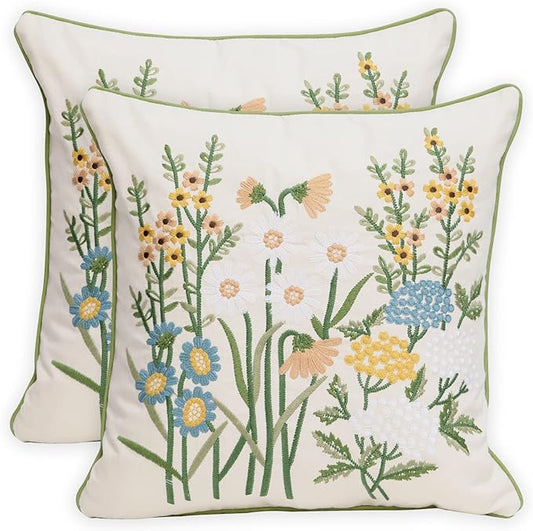 Set of 2 Embroidered Decorative Throw Pillow Covers Couch Square Pillowcases Cushion for Bedroom Sofa Farmhouse Decor 18x18 Inch (Yellow Daisy)