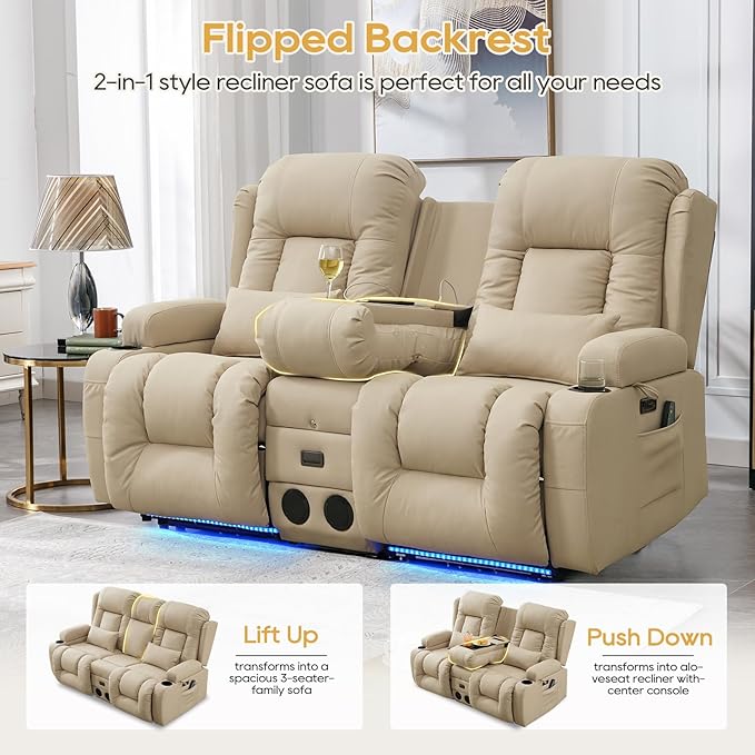 IPKIG Power Recliner Sofa with Flip-Up Backrest Console, USB & USB-C Ports, AC Outlet, LED Lights, Wall Hugger Recliners for Living Room, RV (Beige, 67" - 3 Seat) | Leathaire Fabric, Zero Gravity, Dual Reclining, 2 Lumabr Pillow, Bluetooth Speakers