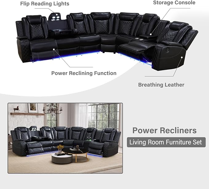 Power Recliner Sectional Sofa Set with Chair, Leather Reclining Couch Set for Living Room, Black Air Leather Recliner Sectional with Storage Console/Cup Holders/USB Ports/LED
