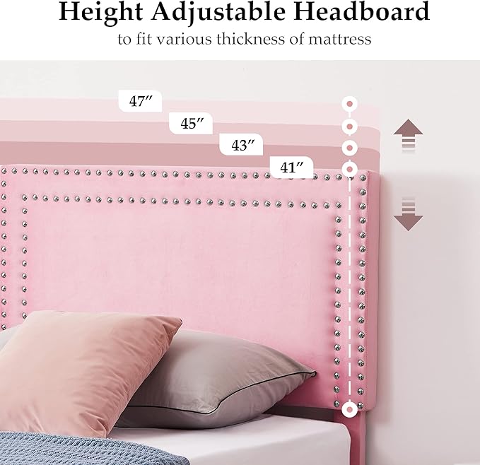 Twin Size Platform Bed Frame with Height Adjustable Upholstered Headboard, Modern Mattress Foundation,Strong Wood Slat Support, No Box Spring Needed, Easy Assembly