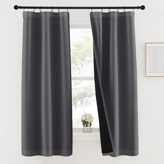 NICETOWN Grey 100% Blackout Lined Curtains, 2 Thick Layers Completely Blackout Rod Pocket Thermal Insulated Drapes for Kitchen/Bedroom (1 Pair, 37 inches Width x 63 inches Length Each Panel)