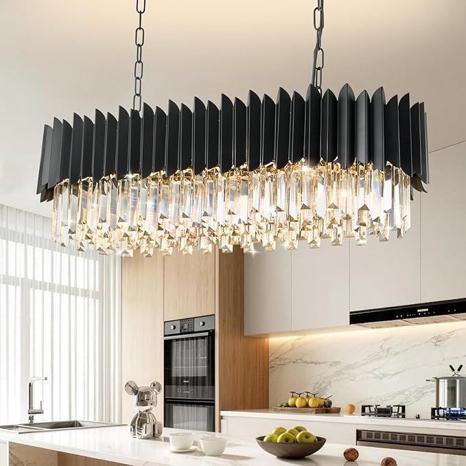L33 Black Crystal Chandelier Large 8 Light Fixture 3-Tier K9 Modern Chandeliers for Dining Room Kitchen Island
