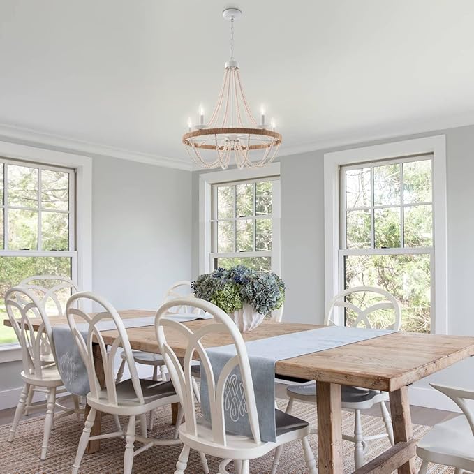 Wood Beaded Chandelier 5 Lights Boho Candle French Country Farmhouse Chandelier Bohemia Pendant Light for Living Room Dining Room Kitchen Foyer, Distressed White, Dia 26”