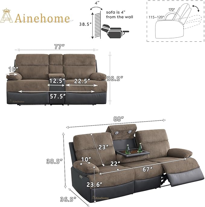 A Ainehome 2 Pieces Living Room Furniture Sets, Power Recliner Sofa Set with LED, Corduroy Reclining Sofa Sectional Couches for Living Room with USB Port/Storage Console/Cup Holders