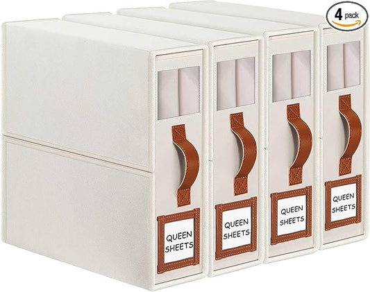 GhvyenntteS Bed Sheet Organizers and Storage 4 Pack (Queen & King Size), Foldable Sheet Organizers and Storage with Window and Label, Bed Sheet Organizer with Leather Handle, Beige