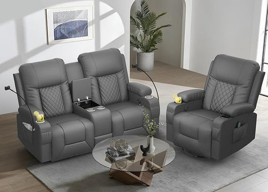 YONISEE Living Room Furniture Set, Loveseat Recliner 2 Seater and 360° Swivel Recliner Chair with Massage, Luxury Reclining Sofa 2PC Set for Living Room (2+1, Dark Gray)