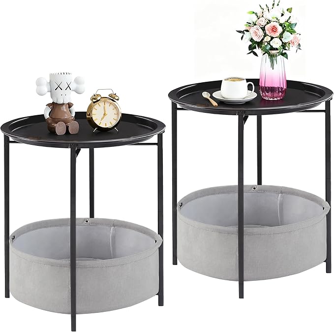 VECELO Round Side/End Table with Fabric Storage Basket，Metal Anti-Rust and Waterproof Small Bedside Nightstand with Removable Tray Top for Living Room，Balcony & Laundry，Black /2pcs with Basket
