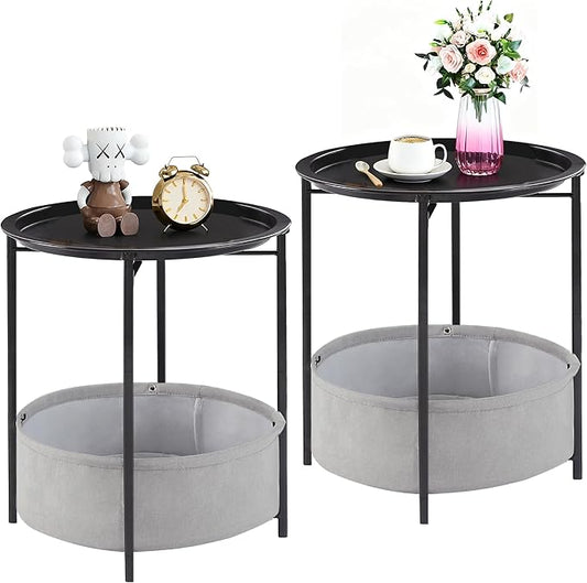 VECELO Round Side/End Table with Fabric Storage Basket，Metal Anti-Rust and Waterproof Small Bedside Nightstand with Removable Tray Top for Living Room，Balcony & Laundry，Black /2pcs with Basket