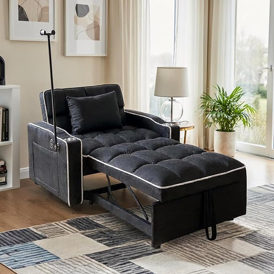 Sleeper Chair, Pull Out Chair Sleeper with Bracket and Cup Holder, Single Convertible Chairs Bed Sleepers for Adults, 3 in 1 Sofa Bed Chairs for Small Spaces, Living Room, Black