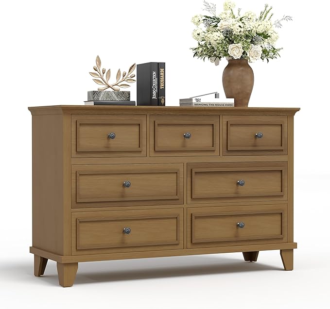 IDEALHOUSE 7 Drawer Dresser, Large Wooden Storage Chest of Drawers with Exquisite Metal Handles, 47" Wide Dresser TV Stand, Drawer Organizer for Bedroom, Living Room, Hallway, Entryway, Brown