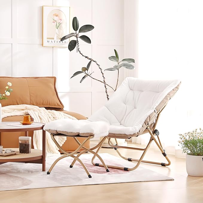 Comfy Folded Chair with Ottoman, Oversized Folding Faux Fur Chair Soft Furry Lazy Chair with Metal Frame Moon Chair Accent Chair for Bedroom, Living Room, Dorm Rooms