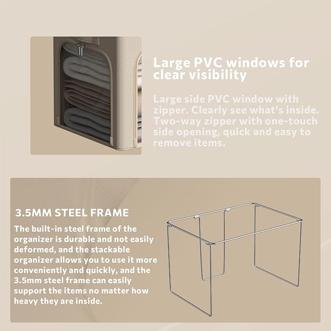 3Pack Clothes Storage Bins - Oxford Frame Storage Box Foldable Stackable Storage Organizer with 3 Openings Design, Metal Frame, Clear Window, Carry Handles (Beige, 100L-23.6 * 16.5 * 15.7in)
